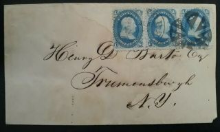 Very Rare C.  1857 United States Cover Ties Strip Of 3 X 1c Blue Franklin Stamps