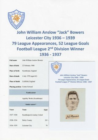 Jack Bowers Leicester City 1936 - 1939 Rare Football Autograph