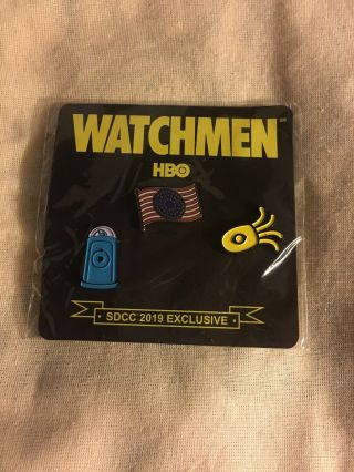 Rare Collectible Sdcc 2019 " Watchmen " Hbo Pin Set Button Comic Con Exclusive