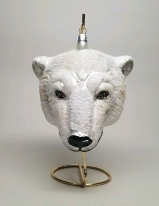 Slavic Treasures 5 " Polar Bear Head Christmas Ornament Blown Glass Poland Rare