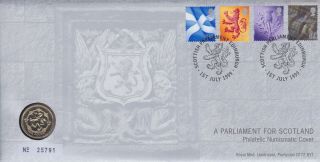 Gb Stamps First Day Cover 1999 Scottish Parliament & Rare Uncirculated £1 Coin