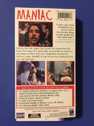 Maniac Rare OOP Horror VHS Elite Anchor Bay Out Of Print Joe Spinell Serial Kill 2
