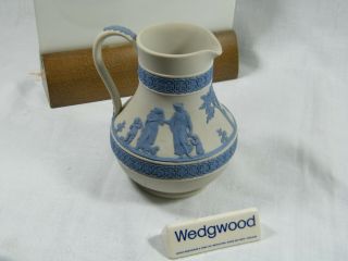 Wedgwood " Jasper Ware " Estrusian " Jug In The Rare White With Blue Decoration