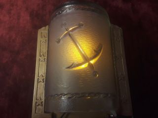 Rare 1920s 30s 40s Art Deco Frosted Glass Wall Scone Nautical Ships Anchor