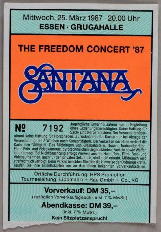 Santana - Rare Vintage Essen,  Germany 1987 Concert Ticket
