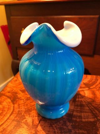Ultra Rare Fenton Blue Plated Vase Opaque Rib Optic 1960s Book Piece