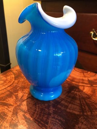 Ultra Rare FENTON BLUE Plated Vase Opaque Rib Optic 1960s Book Piece 3