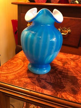 Ultra Rare FENTON BLUE Plated Vase Opaque Rib Optic 1960s Book Piece 8