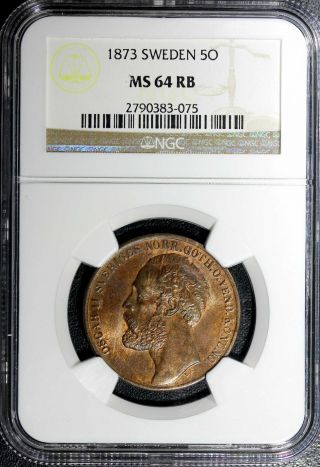 Sweden Bronze Oscar Ii 1873 5 Ore Ngc Ms64 Rb More Red Km 730 Rare