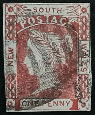 Rare 1852 - Nsw Australia 1d Carmine Laureate Stamp No Wmk Bluish Paper