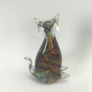 Small Art Glass Hand Made Cat Rikaro Czech Feline Multi Coloured Rare Design