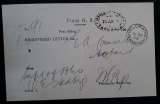 Rare 1909 Tasmania Australia Registered Letter Receipt Form Deloraine