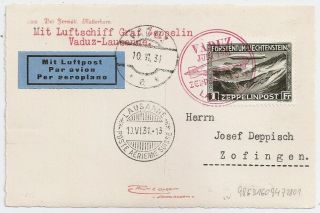 1931 Liechtenstein To Switzerland Zeppelin Cover,  Sc C7,  Rare Stamp