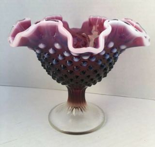 Rare Fenton Plum Purple Hobnail Opalescent Art Glass Compote Bowl Pedestal Stand