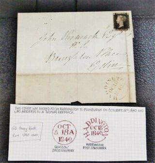 Nystamps Great Britain Penny Black Stamp Rare 1840 Cover