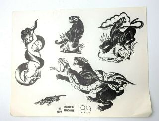 Vintage 1977 Rare Spaulding & Rogers B & W Panther Tattoo Sr Flash Sheet 189