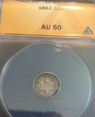 1862 3c Silver,  Anacs Au - 50,  Lightly Toned,  Rare Civil War Date Eye Appea