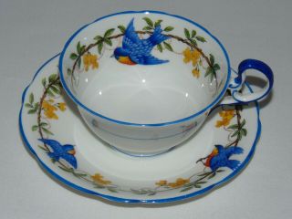 Vintage Rare Antique Aynsley Bone China Teacup & Saucer Set Blue Birds 1930 