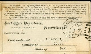 Us Registry Bill Altamont,  Dakota Territory 12/29/86 To Orleans,  La 1/6 Rare