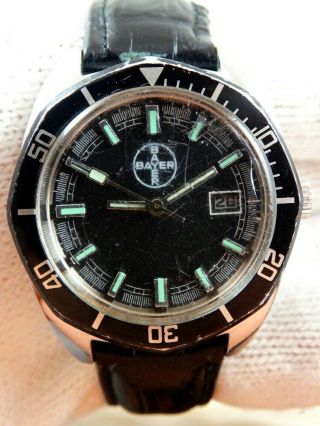 E.  Rare Bayer Diver All Black Vintage Steel German Mens Date Watch 70s.