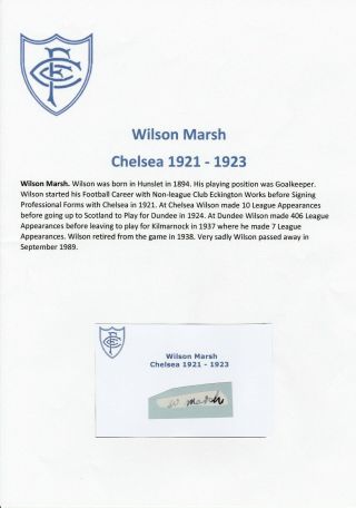 Wilson Marsh Chelsea 1921 - 1923 Very Rare Hand Signed Cutting/card