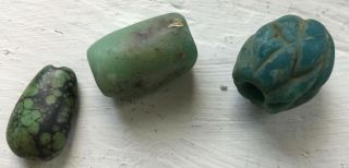 Qing Dynasty China Chinese Three Large Green Turquoise Jade Beads Special Rare