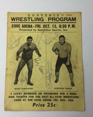 Rare Vintage 1960s Pro Wrestling Program Civic Arena Bruno Sammartino Signed