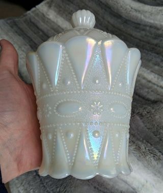 Phoenix Lacy Dewdrop Pearlized Milk Glass Covered Sugar Bowl.  Rare