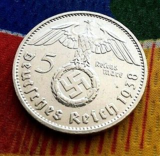 1938 F 5 Mark German Ww2 Silver Coin Third Reich Reichsmark Rare