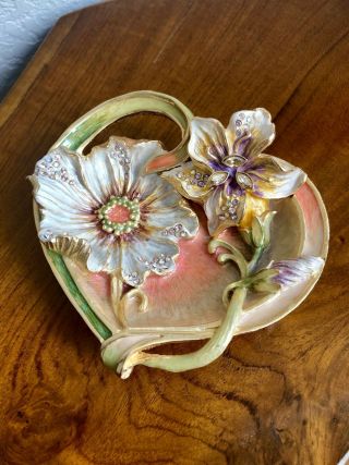 Jay Strongwater Margaux Floral Heart Trinket Tray - Swarovski Crystals - Rare