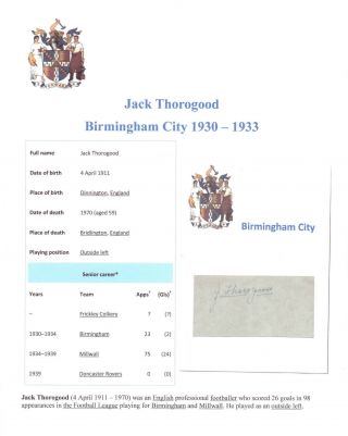 Jack Thorogood Birmingham City 1930 - 1933 Rare Orig Hand Signed Cutting/card