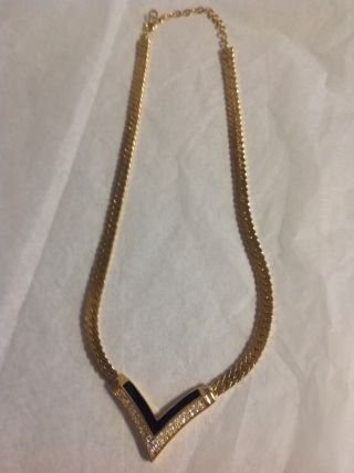 Rare Vintage Christian Dior Gold Tone " V " Shape Crystal Pendant Necklace