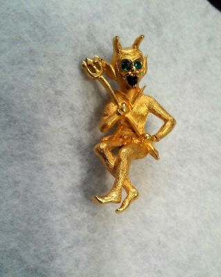 Vintage Rare Designer Signed Ultra Gold Devil Brooch Pin W/ Emerald Eyes Black