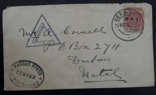 Very Rare 1902 South Africa Boer War Censor Cover Ties 1d Stamp Canc Germiston