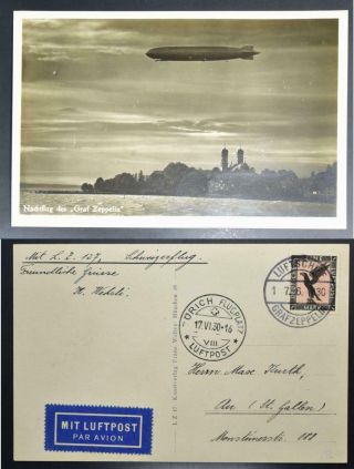 Germany To Switzerland 1930,  $$$,  Zeppelin,  Rare Airship Flight Ppc To Suisse