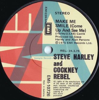 Steve Harley & Cockney Rebel Rare Oz A - Label Promo 45 Make Me Smile Nm ’75 Emi