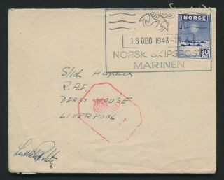 1943 Norway Cover Rare Wwii Naval Fieldpost - Liverpool,  Censor Signature,