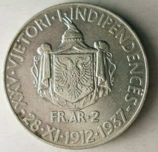 1937 Albania 2 Franga Ari - Au - Extremely Rare Silver Coin - 25k Mintage - 629