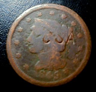 Rare 1849 Braided Hair Large Cent Csa Confederate Civil War Counterstamp Coin