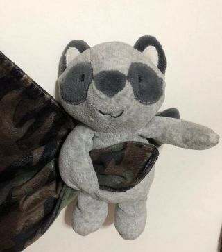 Carters raccoon Baby Security Blanket Rattle Toy Stuffed Plush Boy Camo Rare 4