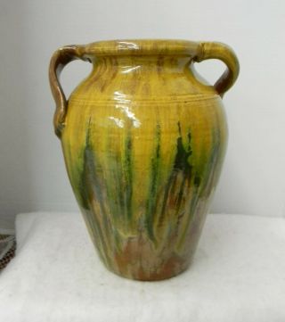 Rare Joe Owen Multicolor Nc Pottery Twist Handle Porch Vase,  1950 