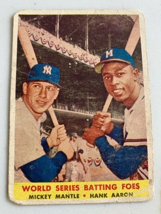 1958 Topps 418 World Series Batting Foes Mickey Mantle Hank Aaron Rare Yankees