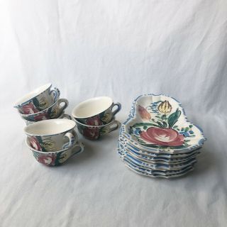 Vintage Rare Hand Painted Italy Floral Fruit Tea Cups Mugs & Plate Set Italian