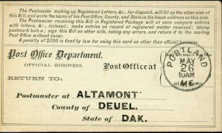 Us Registry Bill Altamont,  Dakota Territory 5/19/82 To Portland,  Me 5/26 Rare
