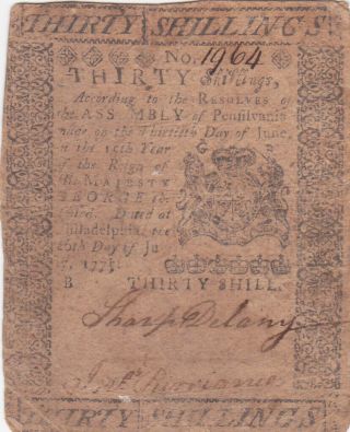 30 Shillings Fine Banknote From Philadelphia 1775 Rare Colonial Note