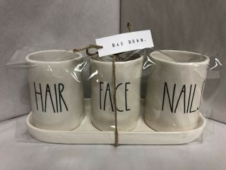 Rae Dunn By Magenta " Hair Face Nails " Bathroom Cup Holder Tray Set Rare