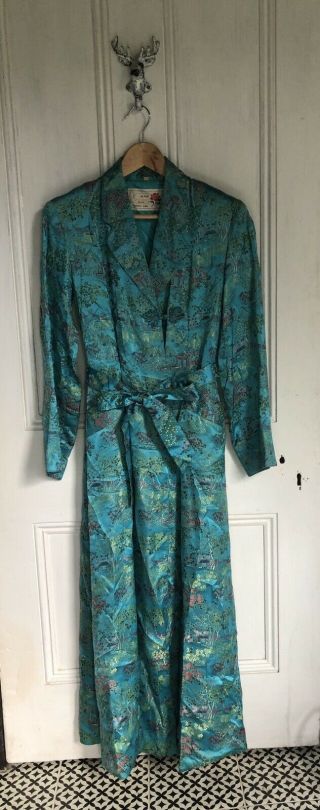 Vintage 40’s Rare Chinese Silk Dressing Gown Robe Womens Ankle Length Blue Sz 10