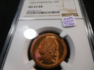 Y56 Portugal 1925 20 Centavos Ngc Ms - 65 Red Brown Rare Nearly Full Red