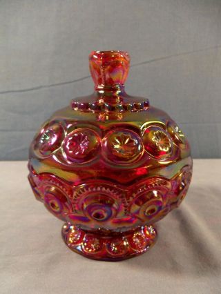 Rare L.  E.  Smith Red Carnival Glass Moon & Stars Covered Candy Dish