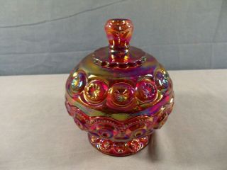 Rare L.  E.  Smith Red Carnival Glass Moon & Stars Covered Candy Dish 8